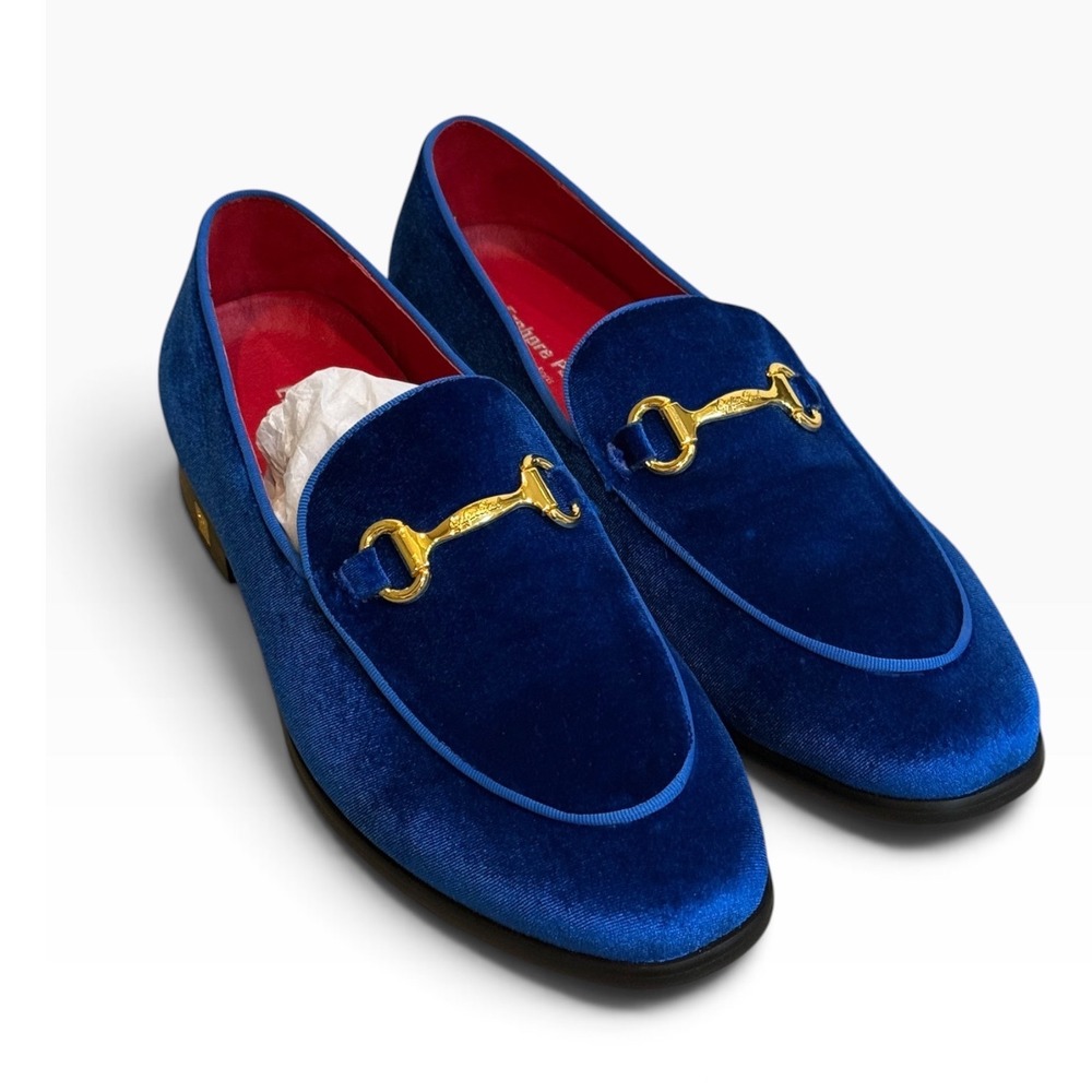 Erphpre Paul Mens Royal Blue Velvet Horsebit Loafers Almond Toe Paris Design
